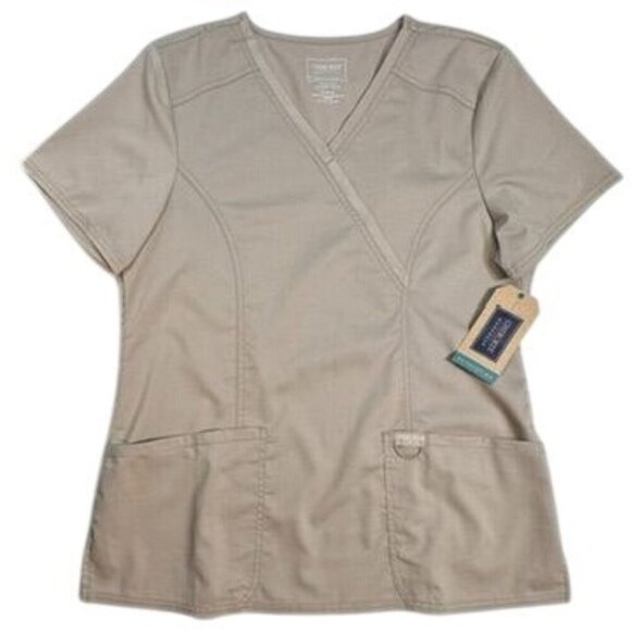 Cherokee Revolution Modern Classic Scrub Top Women Medium Khaki V-Neck NEW - Picture 1 of 11